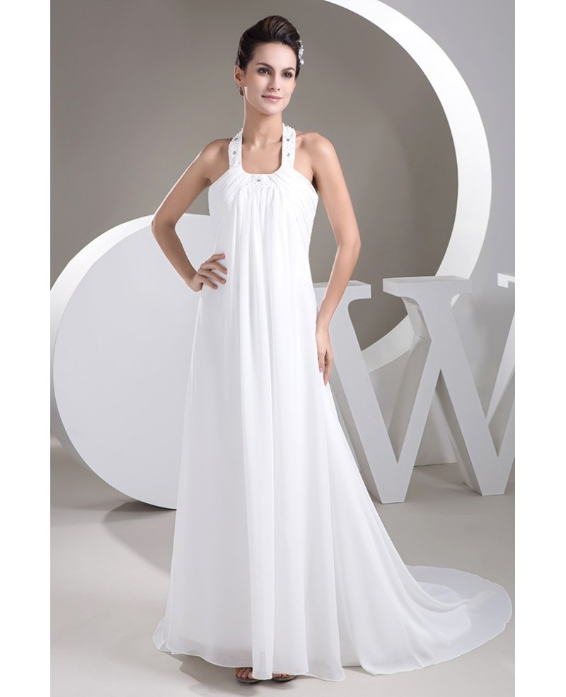 A-line Halter Sweep Train Chiffon Wedding Dress With Beading - Click Image to Close