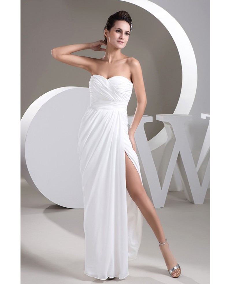 Simple White Long Slit Chiffon Beach Wedding Dress with Sweetheart Neck - Click Image to Close