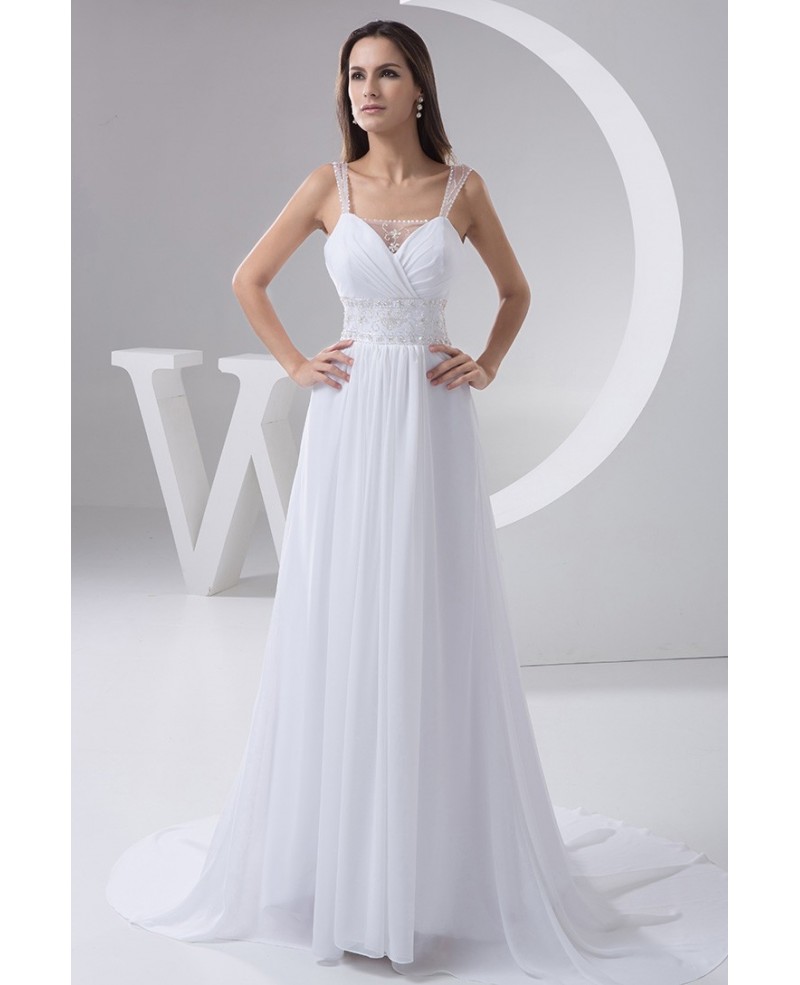 A-line V-neck Court Train Chiffon Wedding Dress With Beading