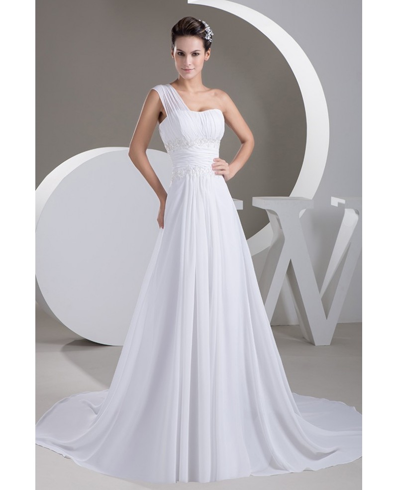 A-line One-shoulder Court Train Chiffon Wedding Dress With Beading - Click Image to Close