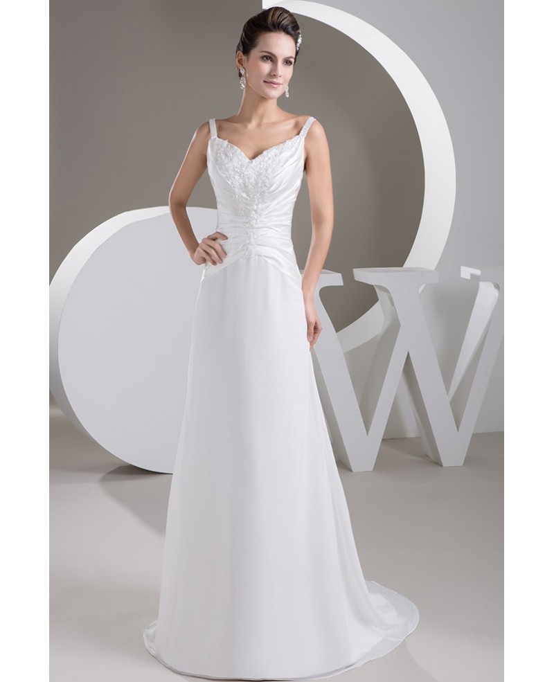 A-line V-neck Sweep Train Chiffon Wedding Dress With Beading - Click Image to Close