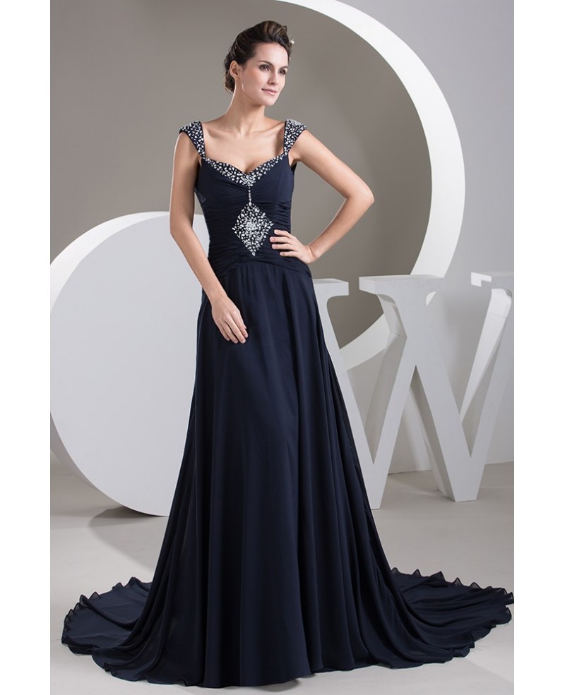 Dark Navy Long Train Pleated Chiffon Wedding Dress With Beaded Sweetheart Neckline