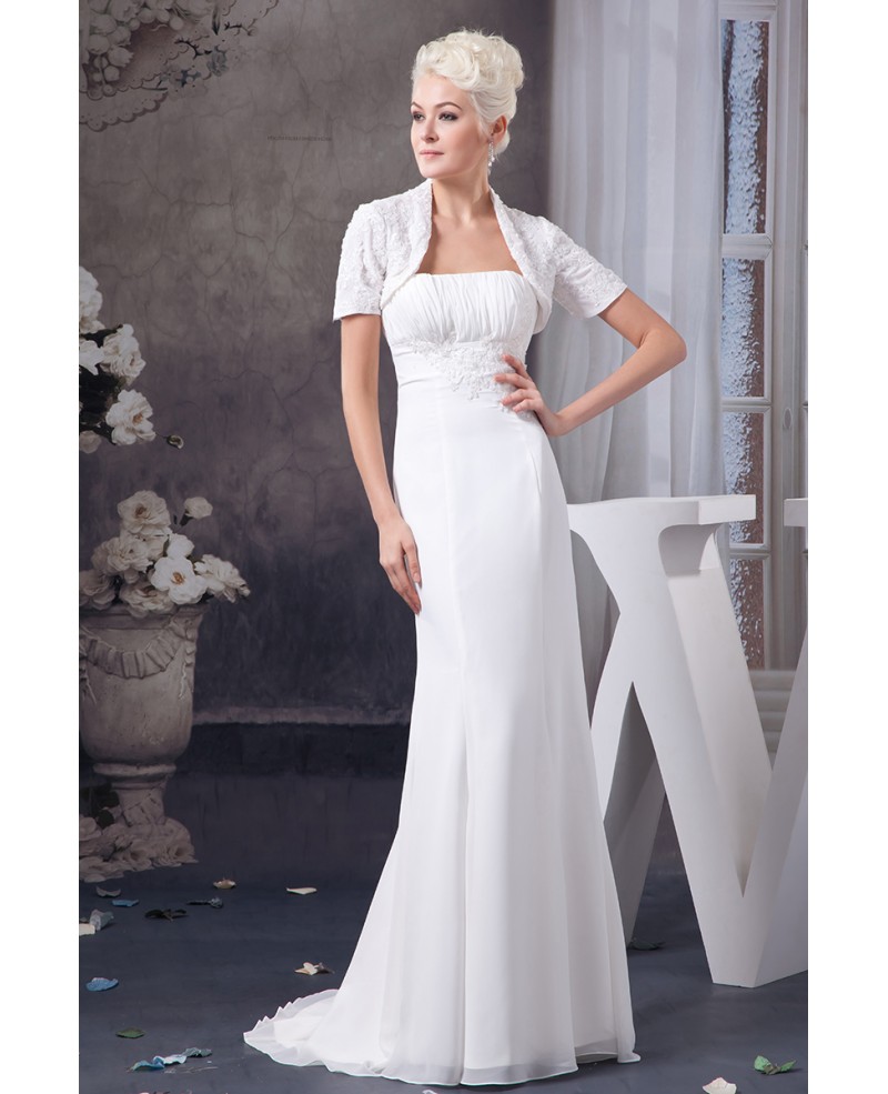 Sheath Strapless Sweep Train Chiffon Wedding Dress With Appliques Lace