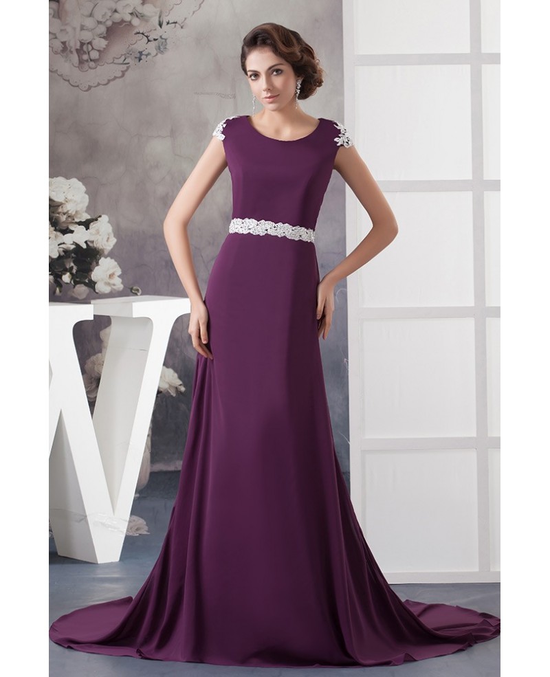 Long Purple with White Lace Chiffon Evening Dress With Train - Click Image to Close