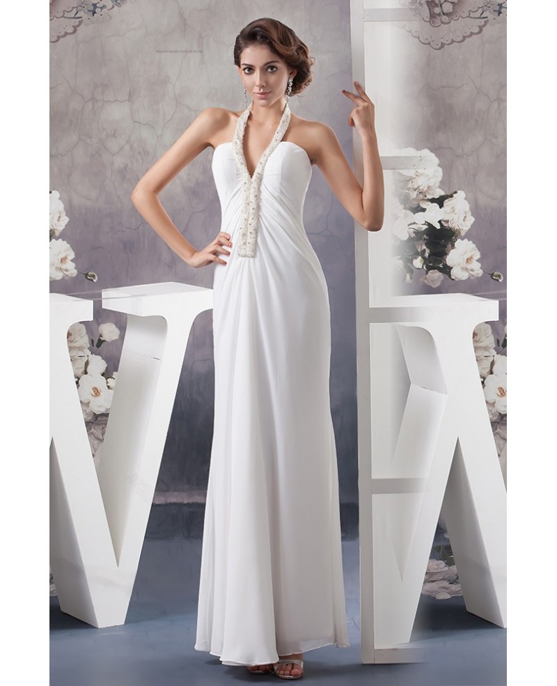 Simple Chiffon Long Halter White Wedding Dress With Beading