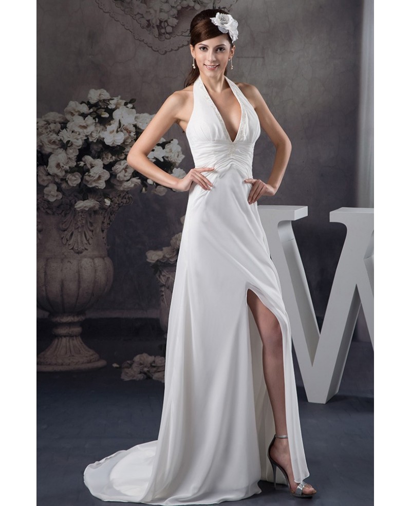 A-line Halter Sweep Train Chiffon Wedding Dress With Split - Click Image to Close