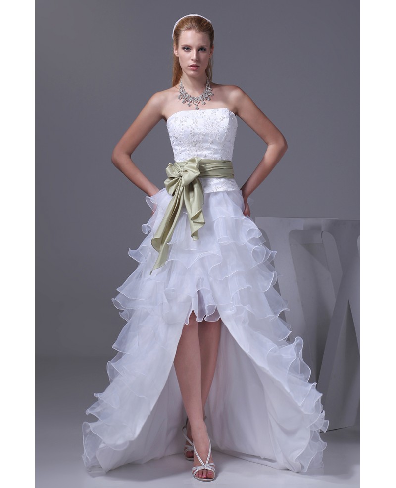 Aline Strapless Asymmetrical Ruffled Wedding Dress High Low with Sash