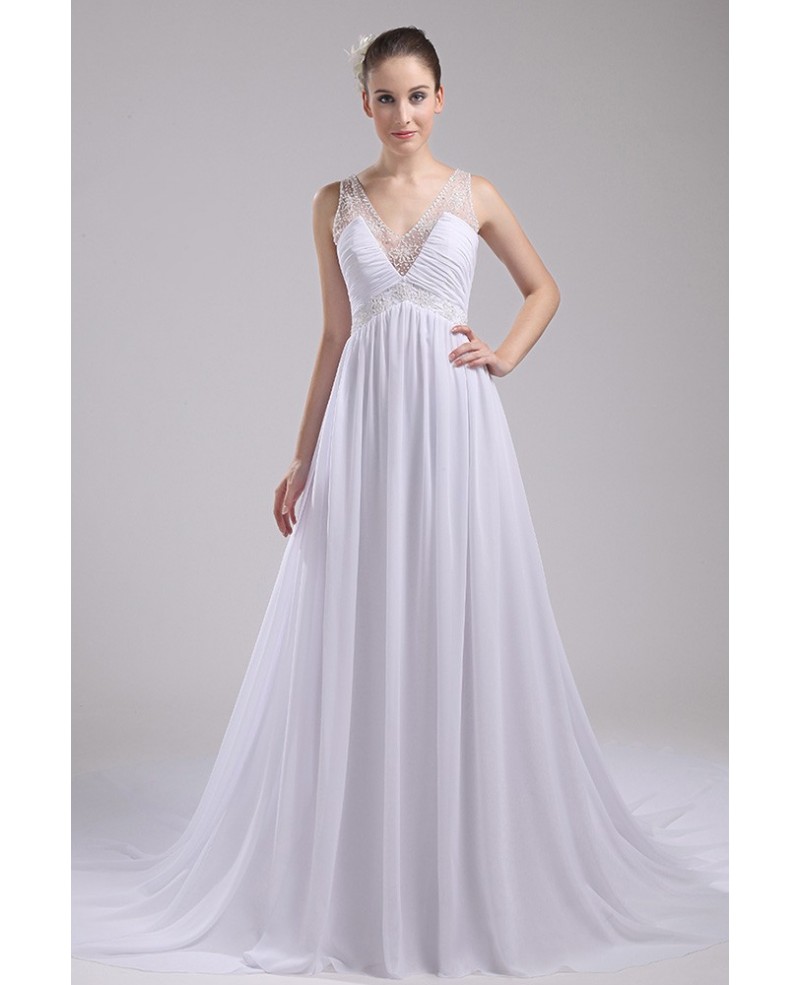 Beaded V-neck Long Empire Waist Aline Wedding Dress