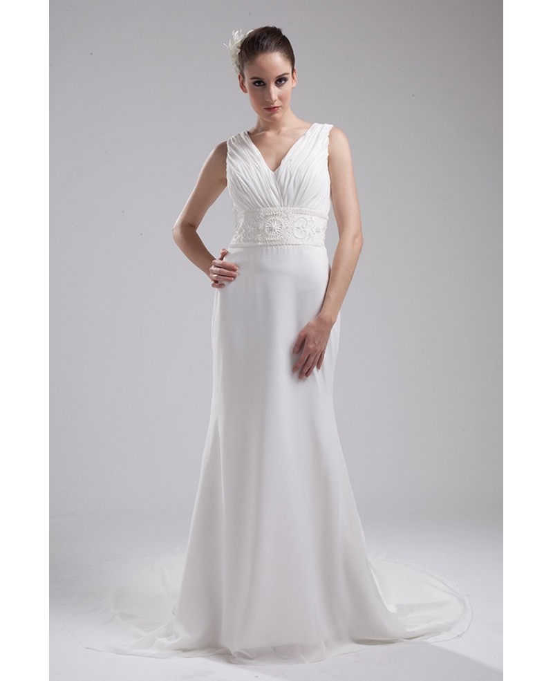 Pleated V-neck Beaded Waist Long Chiffon Wedding Dress - Click Image to Close