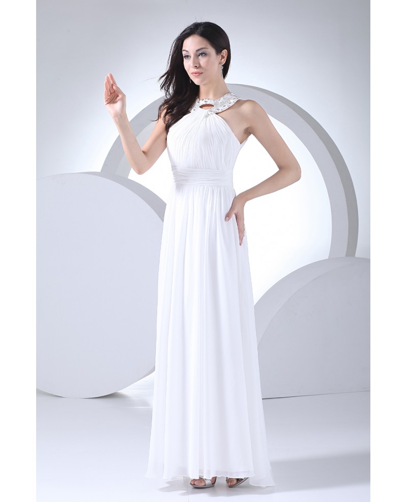Custom Long White Chiffon Beaded Halter Bridal Dress