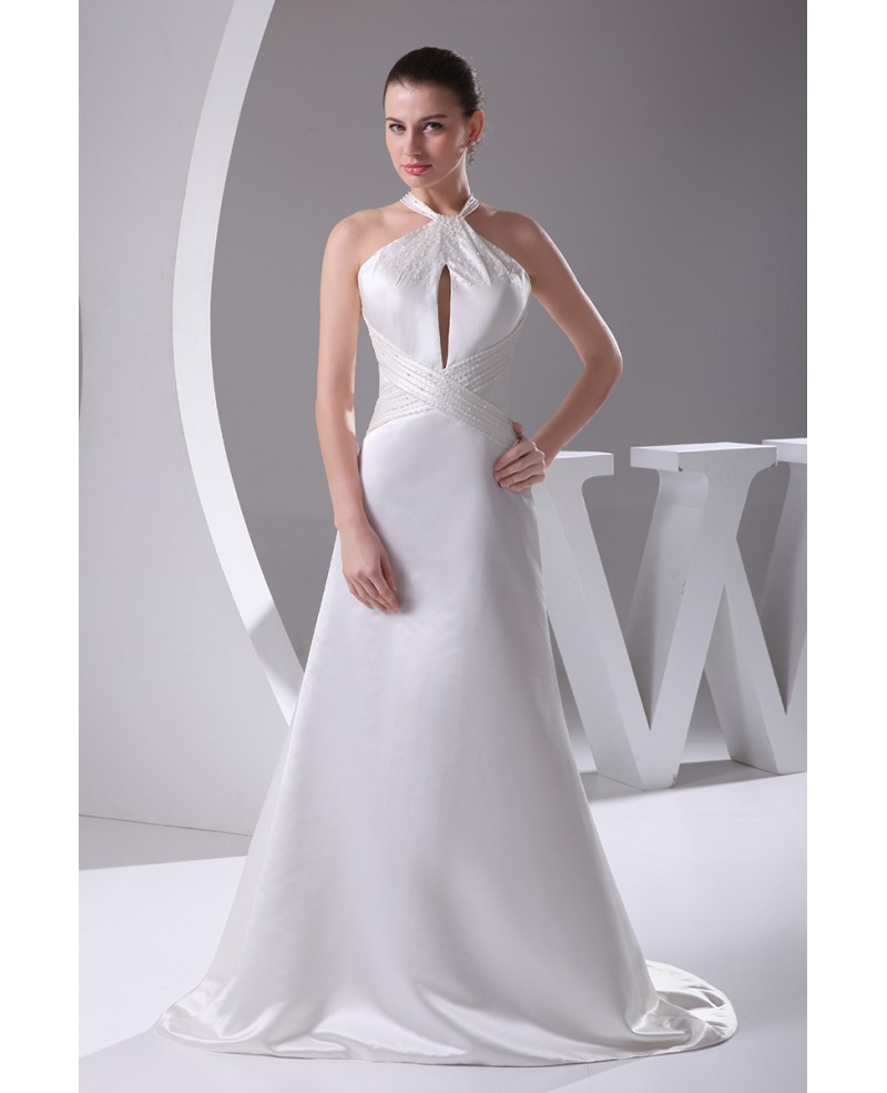 Custom Long Halter Beaded A-line Wedding Dress in Satin