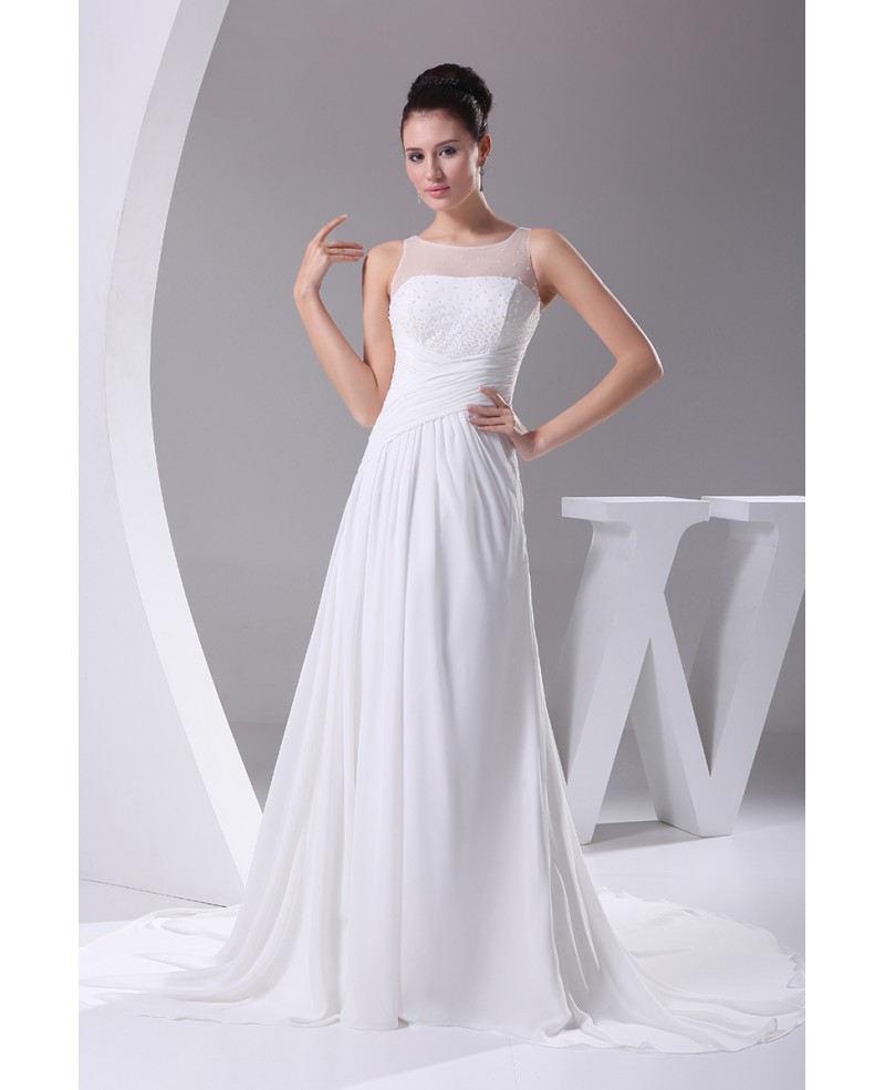 Simple Beaded Top Long Pleated Chiffon Wedding Dress Custom