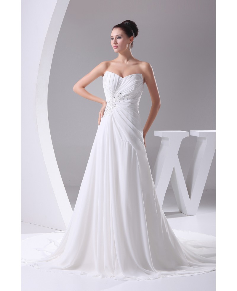 Beaded Lace Long Chiffon Wedding Dress with Train - Click Image to Close