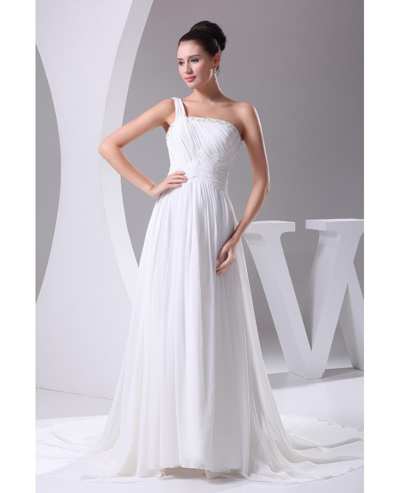 Elegant Long Pleated One Shoulder Wedding Dress in Chiffon - Click Image to Close