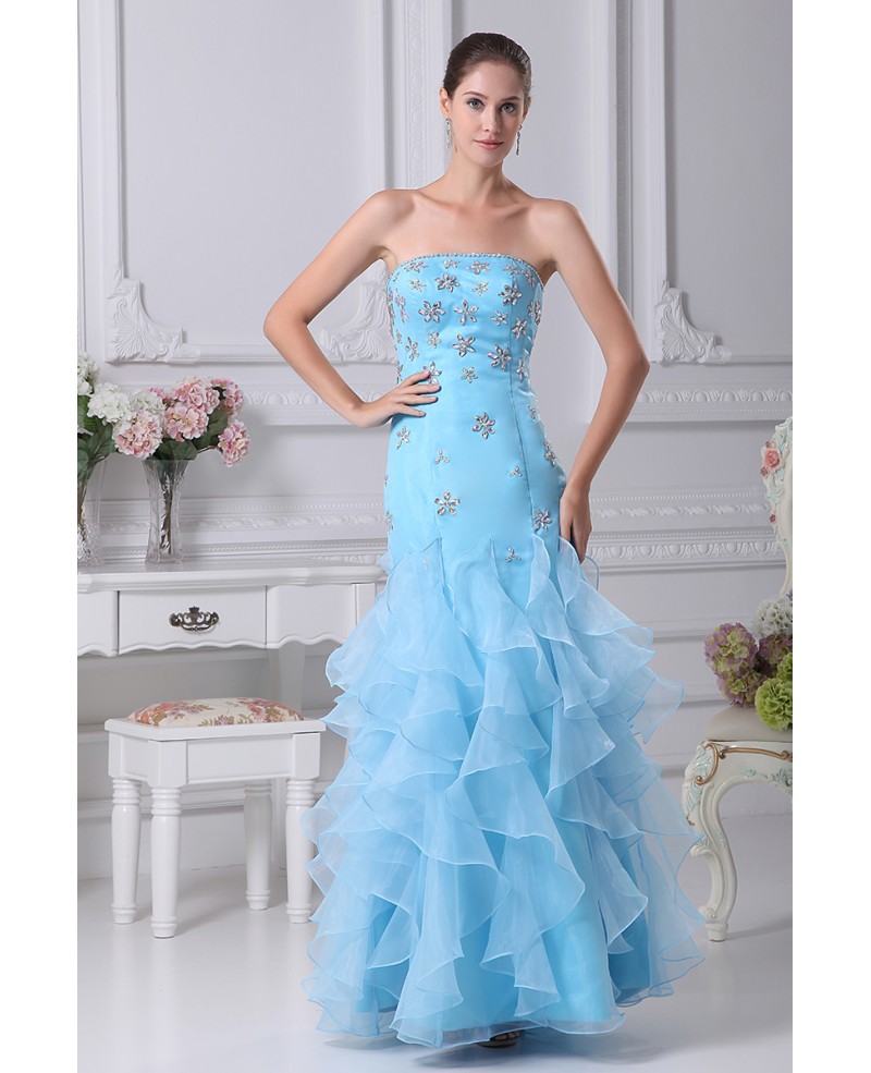 Cute Beaded Blue Sheath Prom Dress with Ruffles