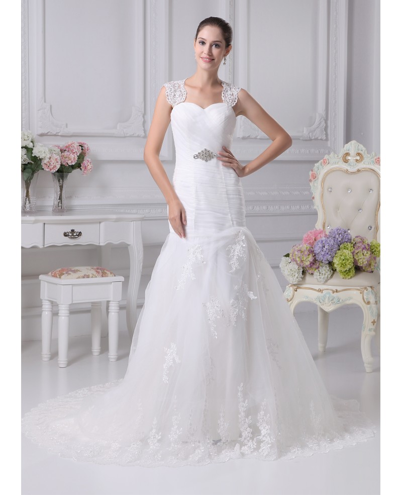 Beautiful Lace Straps Sheath Mermaid Tulle Train Length Wedding Dress