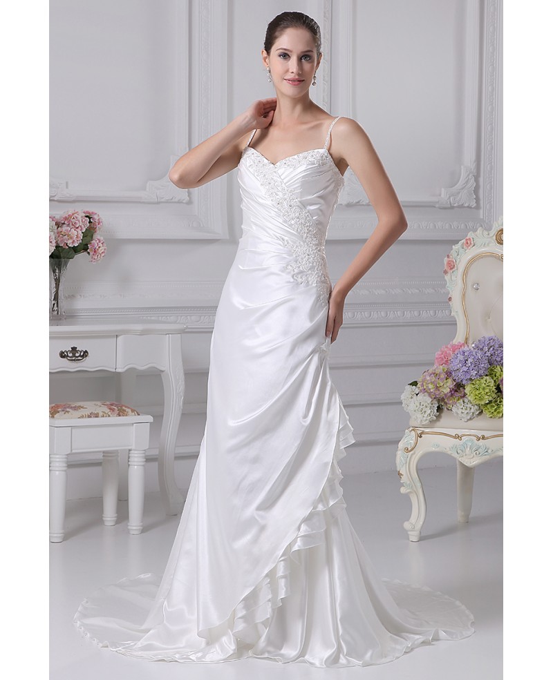 Side Beaded Silky Satin Long Wedding Dress with Spaghetti Straps