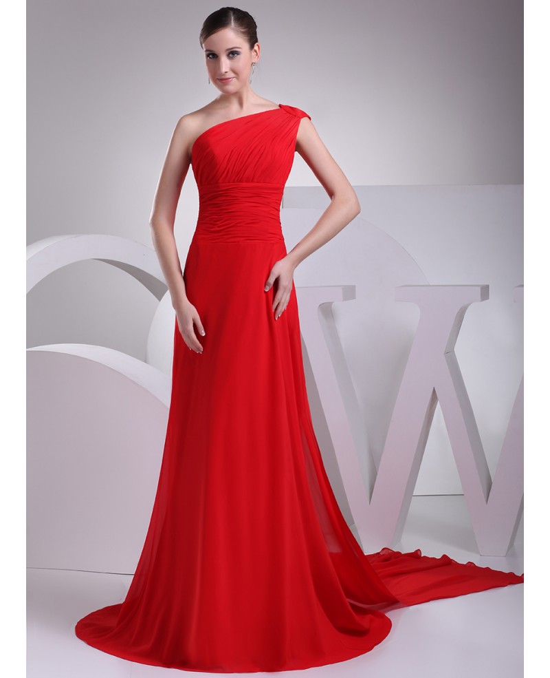 Elegant Red Long Chiffon One Shoulder Formal Dress Custom