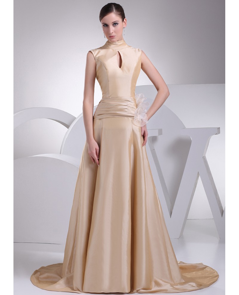 Elegant High Neck Champagne Long Taffeta Formal Dress with Train