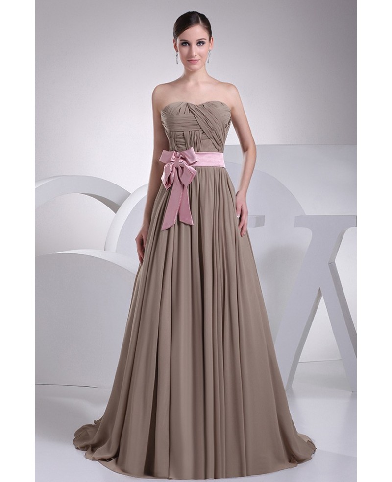 Brown and Pink Sash Long Chiffon Bridesmaid Dress Custom - Click Image to Close