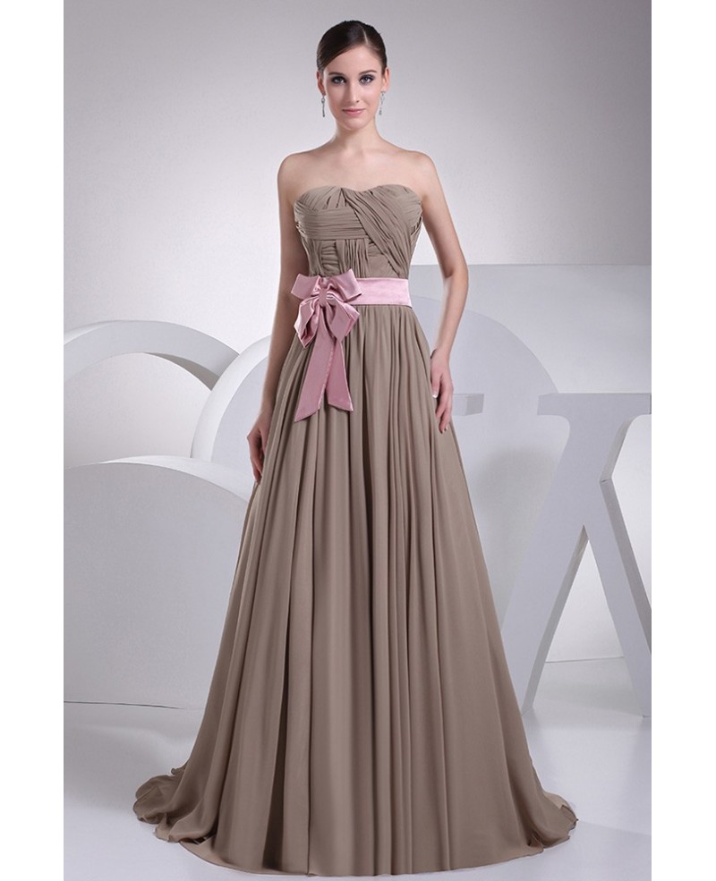 Brown and Pink Sash Long Chiffon Bridesmaid Dress Custom