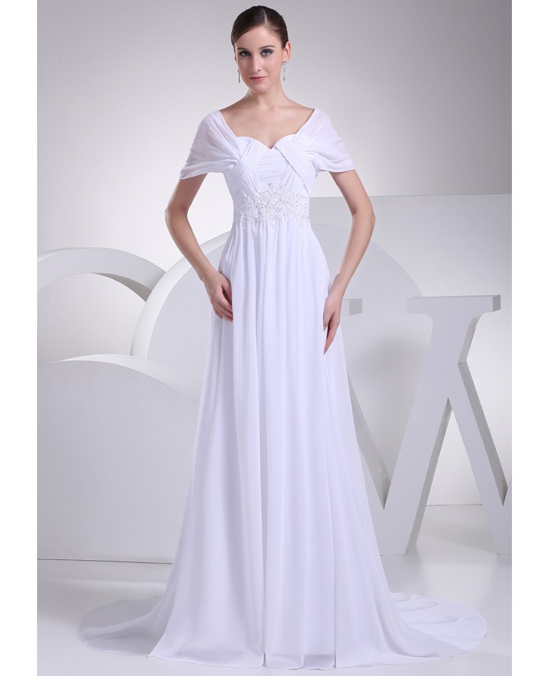 Beaded Empire Waist Long Chiffon White Wedding Dress with Sleeves