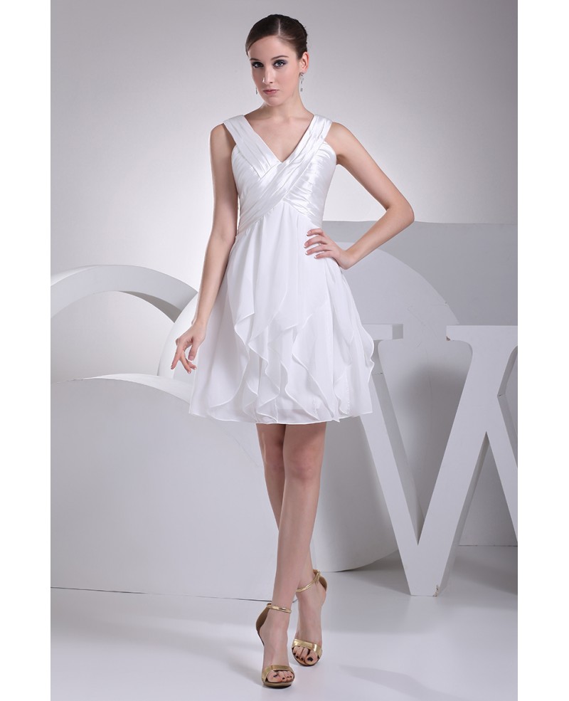 Satin with Chiffon V-neck Short Ruffled Bridal Dress Reception