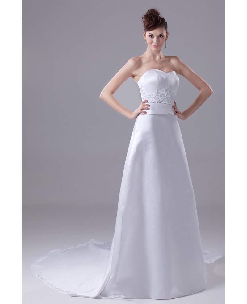 Beaded Sweetheart A-line White Satin Wedding Dress with Train