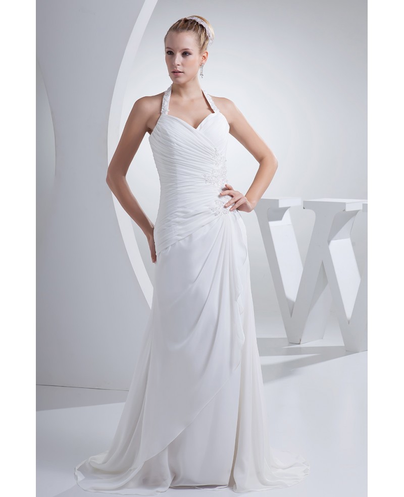 Beaded Long Halter Side Pleated Chiffon Beach Wedding Dress