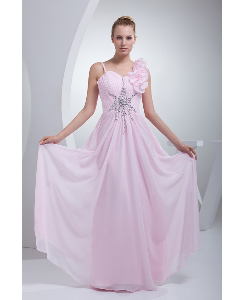 Pearl Pink Long Chiffon Floral Prom Dress with Beading