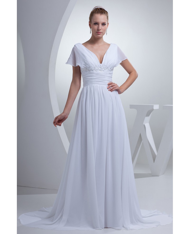 V-neck Long White Chiffon Elegant Wedding Dress with Sleeves