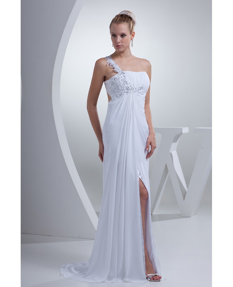 Gorgeous Beaded One Strap Chiffon Long Wedding Dress Split Front