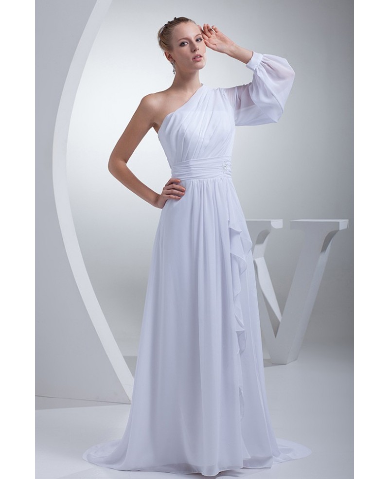 Grecian One Sleeve Chiffon Long White Beach Wedding Dress