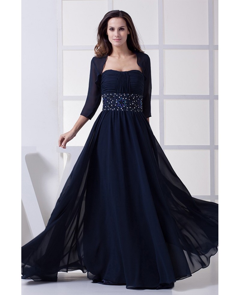 Dark Navy Blue Beaded Chiffon Long Mother of Bride Dress with Jacket