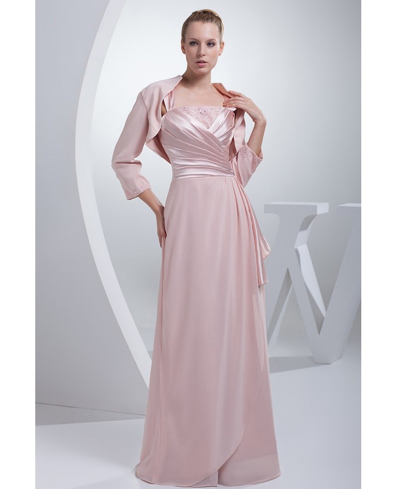 Pink Satin with Chiffon Floor Length Jacket Style Mother of Bride Dress - Click Image to Close