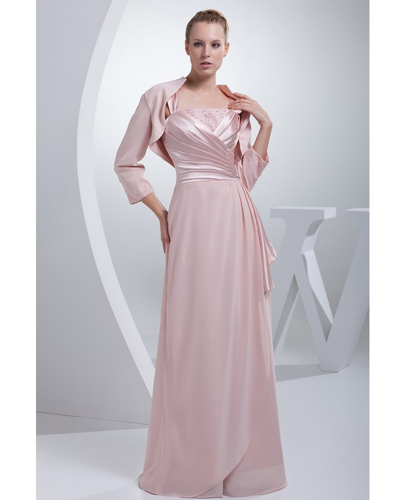 Pink Satin with Chiffon Floor Length Jacket Style Mother of Bride Dress