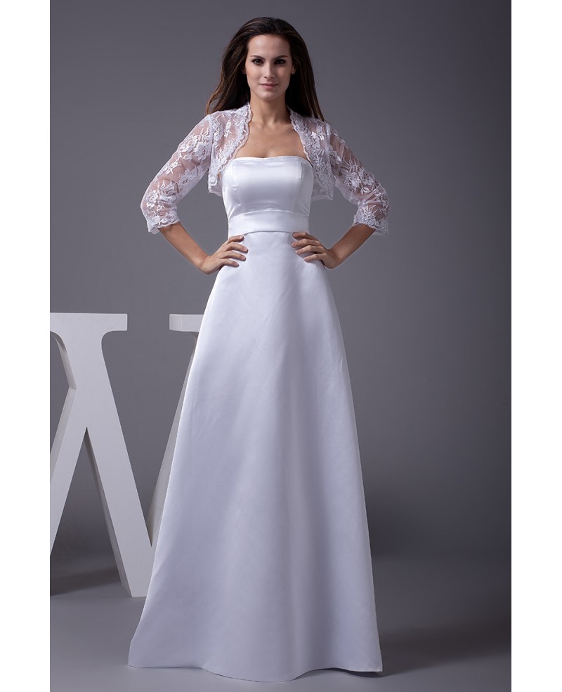 A-line Long Satin Strapless Wedding Dress with Lace Jacket - Click Image to Close