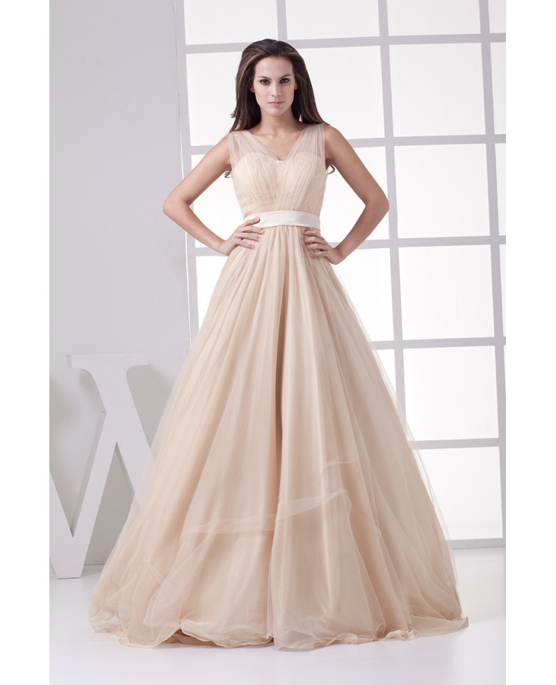 Modern Champagne Long Tulle A-line Formal Dress Custom