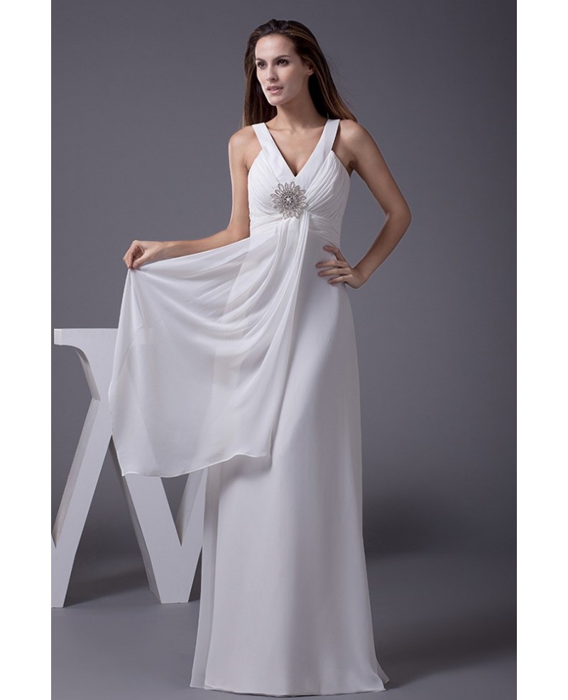 V-neck Beaded Long Chiffon A-line Beach Wedding Dress