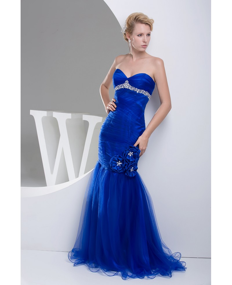 Royal Blue Long Tulle Mermaid Prom Dress with Beading