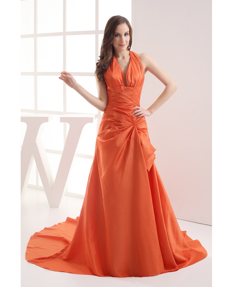 Coral Taffeta Long Halter Mermaid Prom Dress with Train