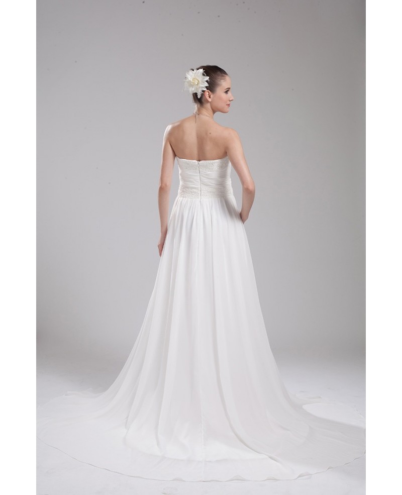 Beaded Ivory A line Chiffon Long Beach Wedding Dress Strapless