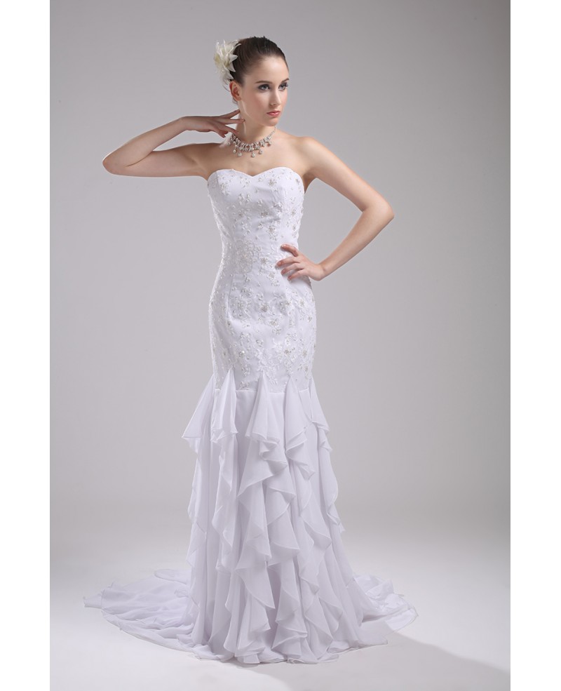 Cascading Ruffle Fitted Mermaid White Wedding Dress