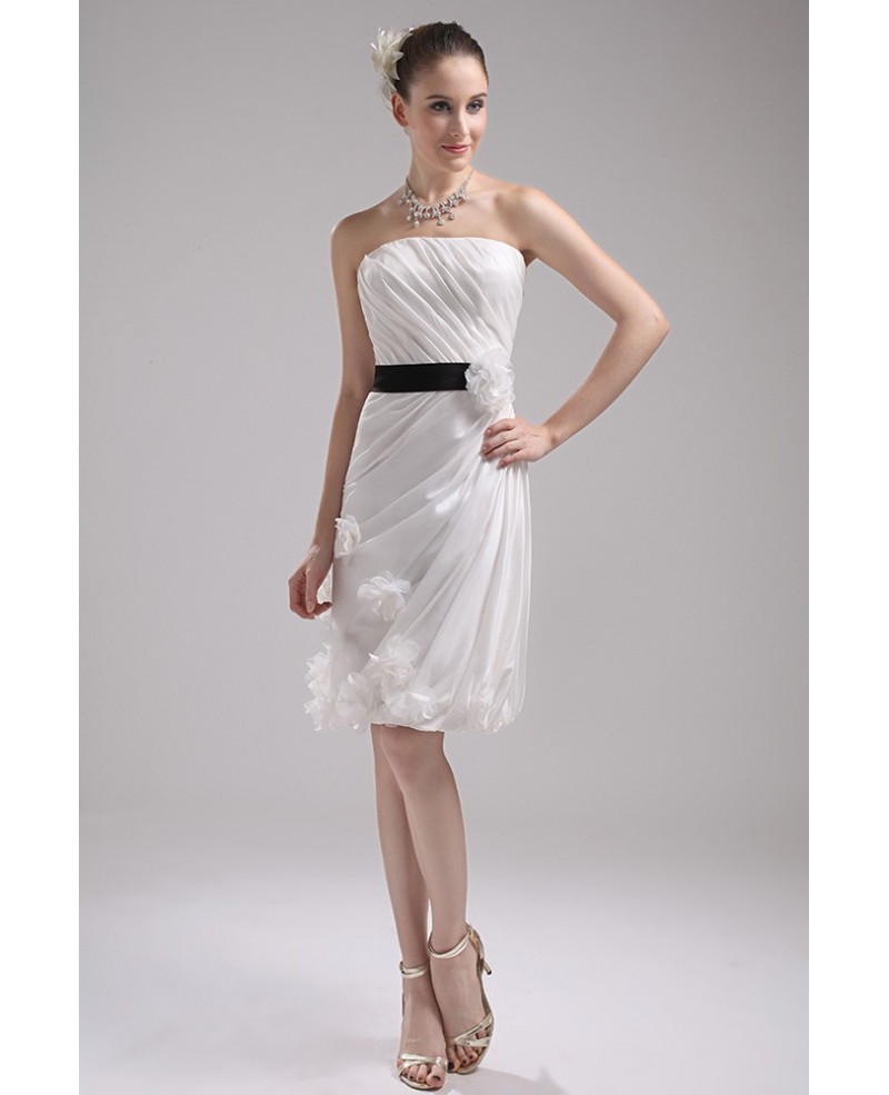 White with Black Sash Floral Short Wedding Dress Reception