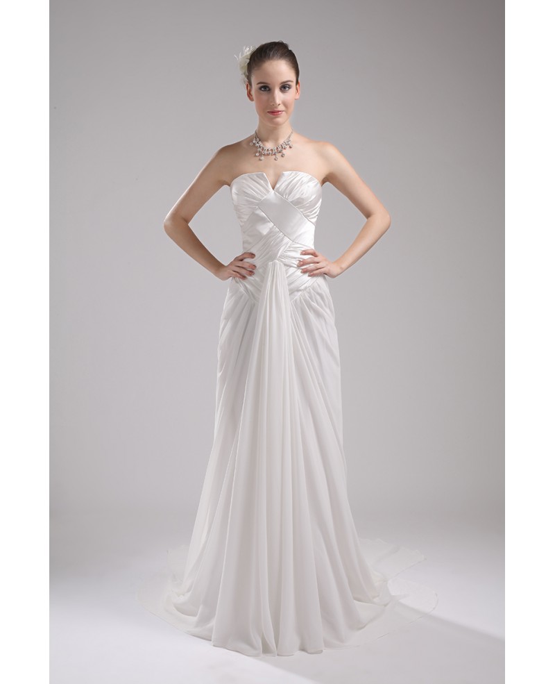 Pleated Satin and Chiffon White Aline Wedding Dress