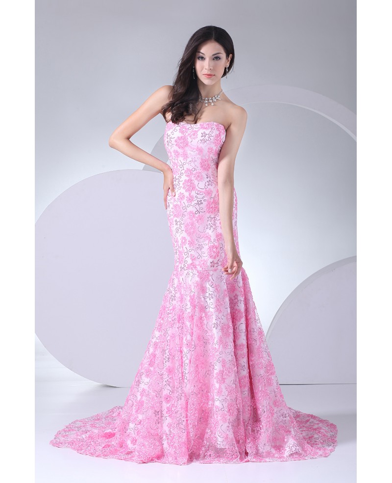 Full of Pink Flowers Sequined Mermaid Prom Dress with Train