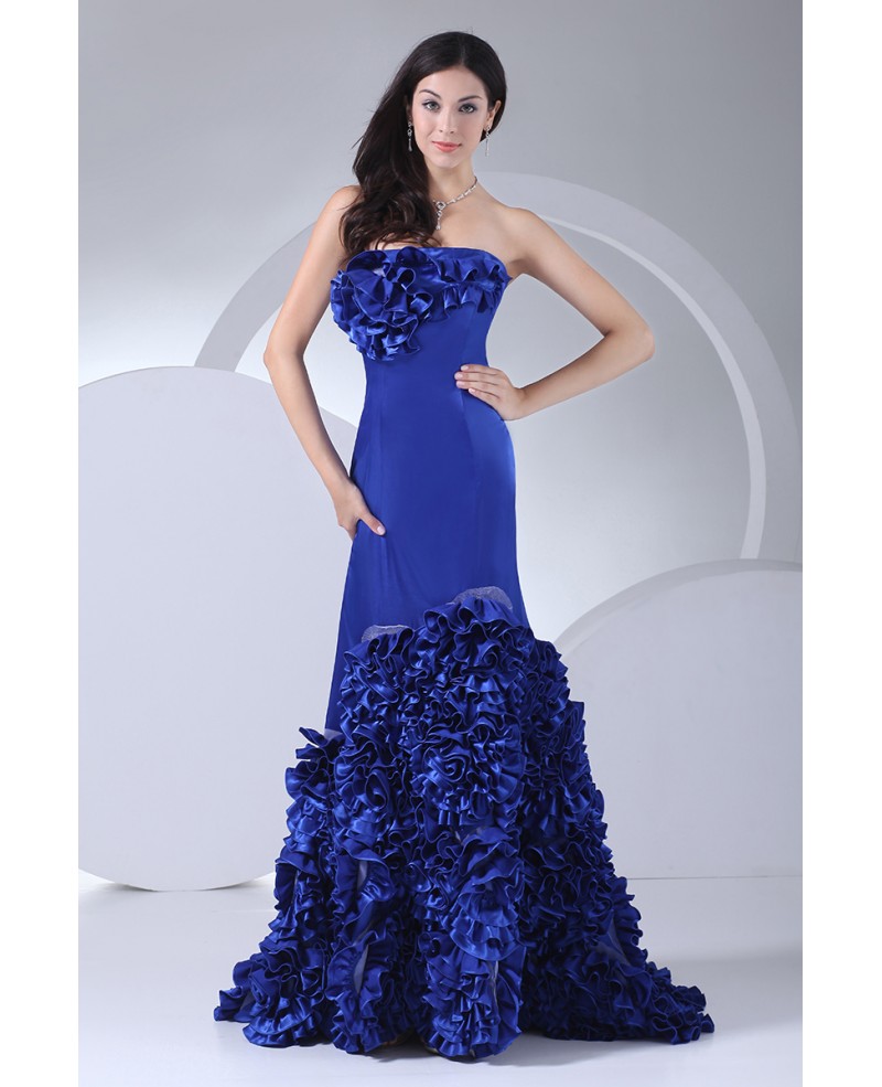 Royal Blue Strapless Cascading Ruffles Long Prom Dress