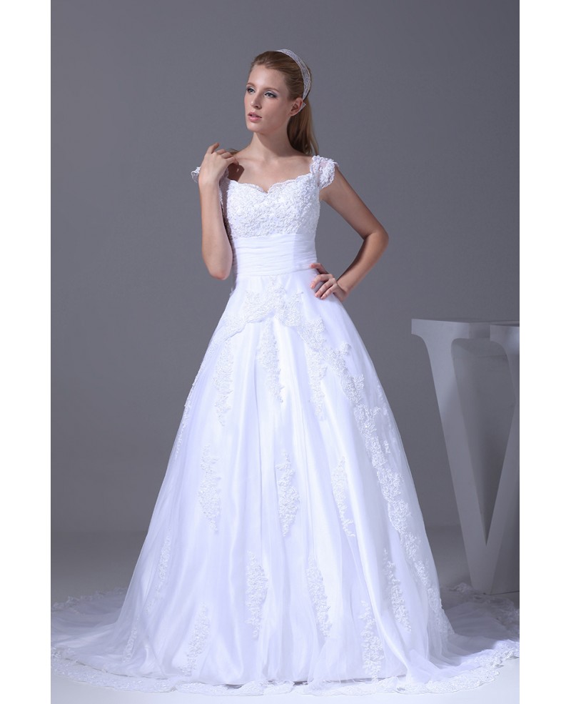 Modest Lace Cap Sleeved Ballgown White Wedding Dress