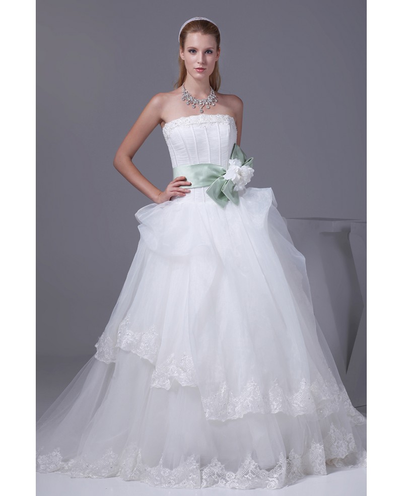 Pretty Strapless White and Green Sash Ballgown Wedding Dress