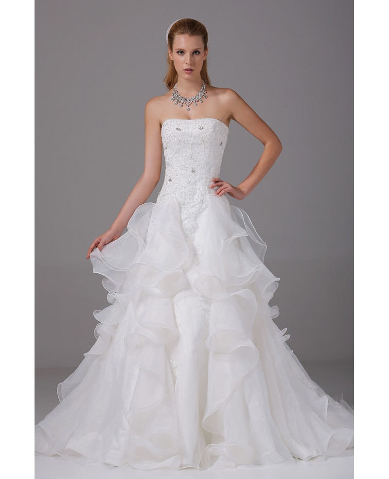 Beaded Lace Ruffles Strapless Wedding Dress Custom